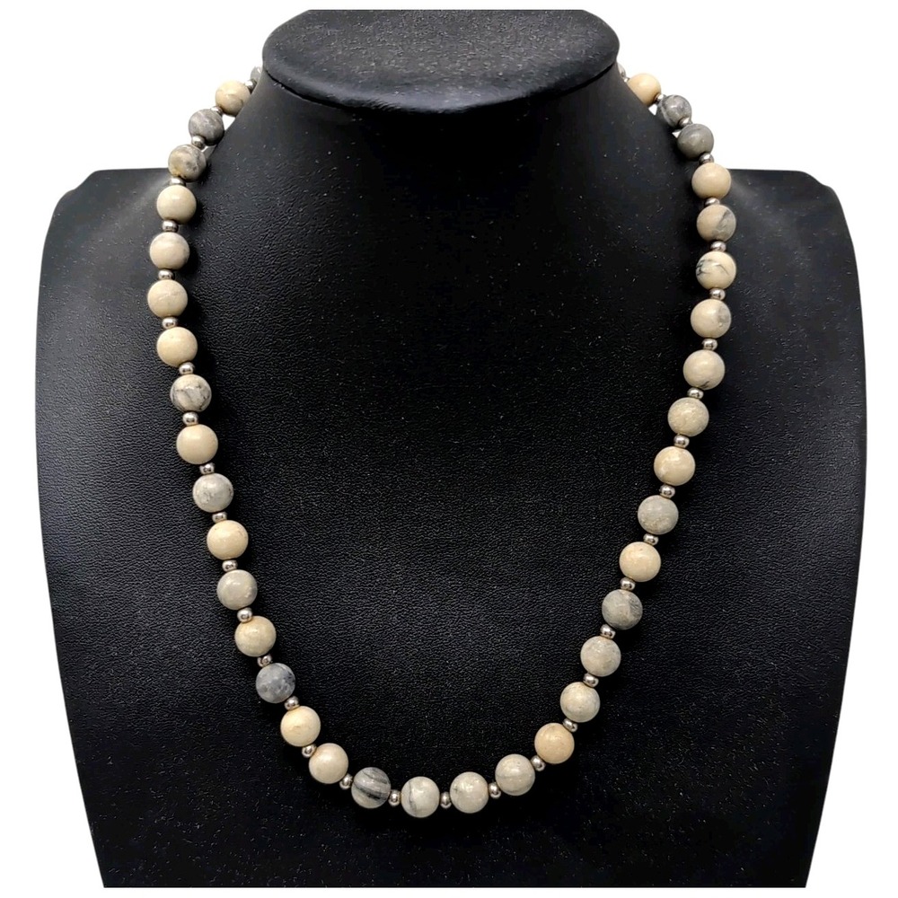 VTG 80s Picasso Jasper Stone Bead Necklace Artisan Strung Jewelry Gray Tan Cream
